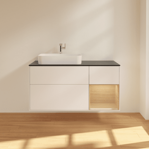 VILLEROY BOCH Toaletní skříňka Finion, s osvětlením, 3 výsuvy, 1200 x 603 x 501 mm, bílý matný lak / dubová dýha / černé matné sklo #F402PCMT, obrázek 3