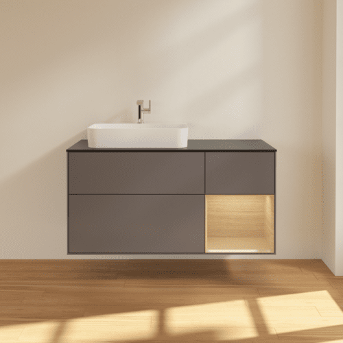 VILLEROY BOCH Toaletní skříňka Finion, s osvětlením, 3 výsuvy, 1200 x 603 x 501 mm, antracitový matný lak / dubová dýha / černé matné sklo #F402PCGK, obrázek 3