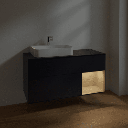 VILLEROY BOCH Toaletní skříňka Finion, s osvětlením, 3 výsuvy, 1200 x 603 x 501 mm, Midnight Blue Matt Lacquer / Oak Veneer / Glass Black Matt #F402PCHG, obrázek 5