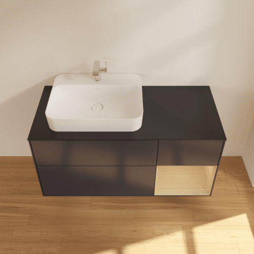 VILLEROY BOCH Toaletní skříňka Finion, s osvětlením, 3 výsuvy, 1200 x 603 x 501 mm, Midnight Blue Matt Lacquer / Oak Veneer / Glass Black Matt #F402PCHG, obrázek 4