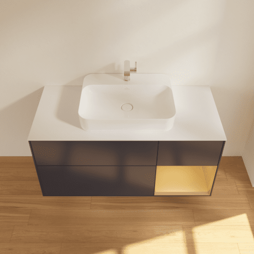 VILLEROY BOCH Toaletní skříňka Finion, s osvětlením, 3 výsuvy, 1200 x 603 x 501 mm, Midnight Blue Matt Lacquer / Gold Matt Lacquer / Glass White Matt #F421HFHG, obrázek 4