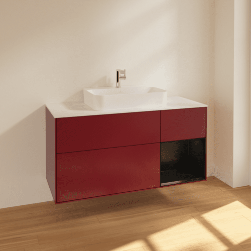 VILLEROY BOCH Toaletní skříňka Finion, s osvětlením, 3 výsuvy, 1200 x 603 x 501 mm, Pivoňka matný lak / Černý matný lak / Sklo bílé matné #F421PDHB, obrázek 2