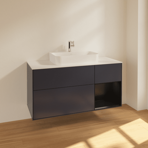 VILLEROY BOCH Toaletní skříňka Finion, s osvětlením, 3 výsuvy, 1200 x 603 x 501 mm, Midnight Blue Matt Lacquer / Black Matt Lacquer / Glass White Matt #F421PDHG, obrázek 2