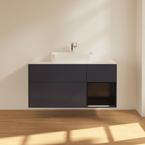 VILLEROY BOCH Toaletní skříňka Finion, s osvětlením, 3 výsuvy, 1200 x 603 x 501 mm, Midnight Blue Matt Lacquer / Black Matt Lacquer / Glass White Matt #F421PDHG, obrázek 3