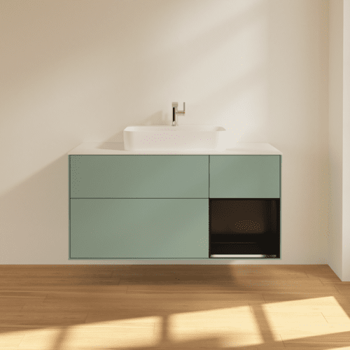 VILLEROY BOCH Toaletní skříňka Finion, s osvětlením, 3 výsuvy, 1200 x 603 x 501 mm, olivový matný lak / černý matný lak / bílé matné sklo #F421PDGM, obrázek 3