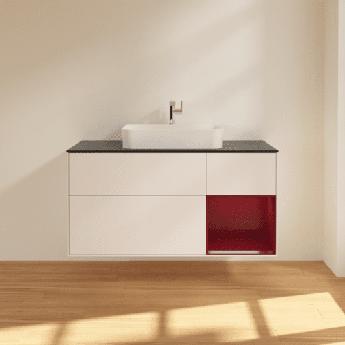 VILLEROY BOCH Toaletní skříňka Finion, s osvětlením, 3 výsuvy, 1200 x 603 x 501 mm, bílý matný lak / pivoňkový matný lak / černé matné sklo #F422HBMT, obrázek 3