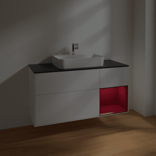 VILLEROY BOCH Toaletní skříňka Finion, s osvětlením, 3 výsuvy, 1200 x 603 x 501 mm, bílý matný lak / pivoňkový matný lak / černé matné sklo #F422HBMT, obrázek 5