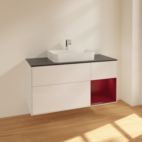 VILLEROY BOCH Toaletní skříňka Finion, s osvětlením, 3 výsuvy, 1200 x 603 x 501 mm, lesklý bílý lak / matný lak Pivoňka / matné černé sklo #F422HBGF, obrázek 2