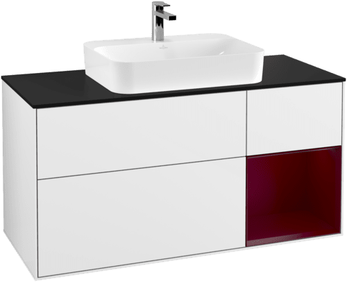 VILLEROY BOCH Toaletní skříňka Finion, s osvětlením, 3 výsuvy, 1200 x 603 x 501 mm, lesklý bílý lak / matný lak Pivoňka / matné černé sklo #F422HBGF