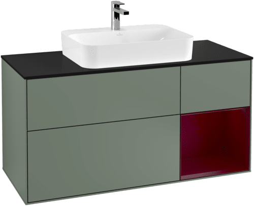 VILLEROY BOCH Toaletní skříňka Finion, s osvětlením, 3 výsuvy, 1200 x 603 x 501 mm, olivový matný lak / pivoňkový matný lak / černé matné sklo #F422HBGM, obrázek 1