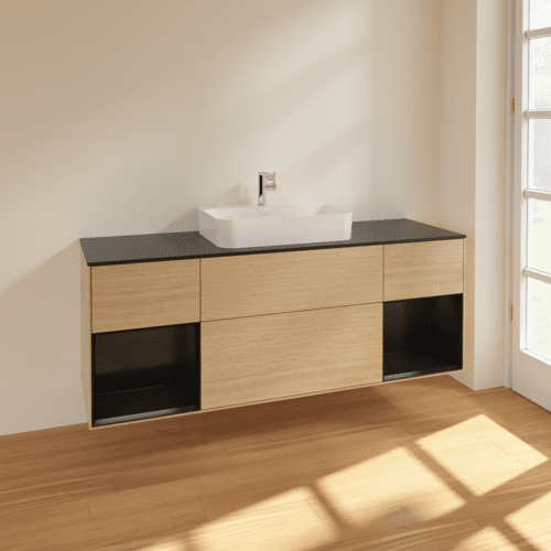 VILLEROY BOCH Toaletní skříňka Finion, s osvětlením, 4 výsuvy, 1600 x 603 x 501 mm, dubová dýha / černý matný lak / černé matné sklo #F452PDPC, obrázek 2
