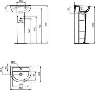 IDEAL STANDARD Umyvadlo Eurovit s ručním oplachováním 450x350 mm, s 1 otvorem pro baterii, s přepadovým otvorem (kulaté) #E872101 - Bílá (Alpine), obrázek 2