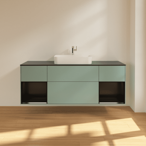 VILLEROY BOCH Toaletní skříňka Finion, s osvětlením, 4 výsuvy, 1600 x 603 x 501 mm, olivový matný lak / černý matný lak / černé matné sklo #F452PDGM, obrázek 3