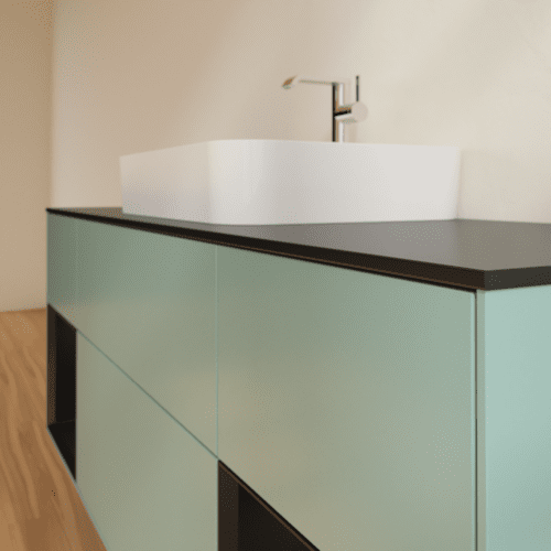 VILLEROY BOCH Toaletní skříňka Finion, s osvětlením, 4 výsuvy, 1600 x 603 x 501 mm, olivový matný lak / černý matný lak / černé matné sklo #F452PDGM, obrázek 5