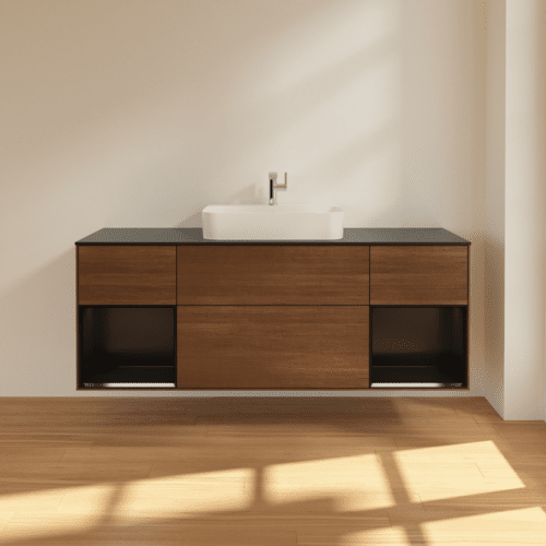 VILLEROY BOCH Toaletní skříňka Finion, s osvětlením, 4 výsuvy, 1600 x 603 x 501 mm, ořechová dýha / černý matný lak / černé matné sklo #F452PDGN, obrázek 3