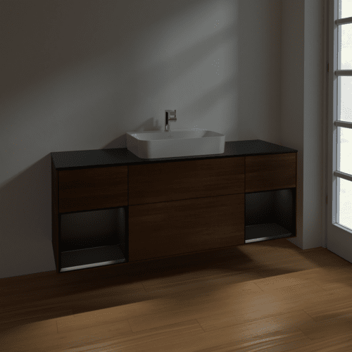 VILLEROY BOCH Toaletní skříňka Finion, s osvětlením, 4 výsuvy, 1600 x 603 x 501 mm, ořechová dýha / černý matný lak / černé matné sklo #F452PDGN, obrázek 5
