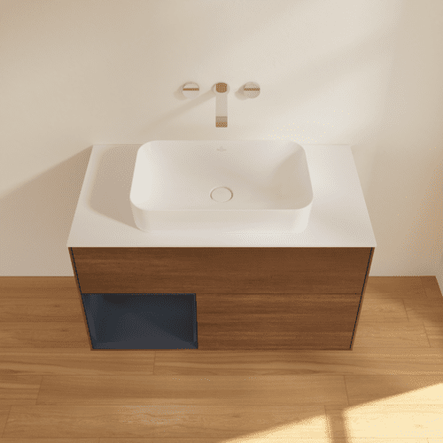 VILLEROY BOCH Toaletní skříňka Finion, s osvětlením, 2 výsuvy, 1000 x 603 x 501 mm, ořechová dýha / půlnočně modrý matný lak / sklo bílé matné #F651HGGN, obrázek 4