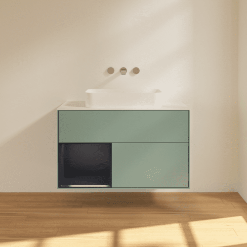 VILLEROY BOCH Toaletní skříňka Finion, s osvětlením, 2 výsuvy, 1000 x 603 x 501 mm, olivový matný lak / půlnoční modrý matný lak / bílé matné sklo #F651HGGM, obrázek 3