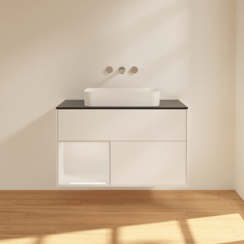 VILLEROY BOCH Umyvadlová skříňka Finion, s osvětlením, 2 výsuvy, 1000 x 603 x 501 mm, bílý matný lak / bílý lesklý lak / černé matné sklo #F652GFMT, obrázek 3