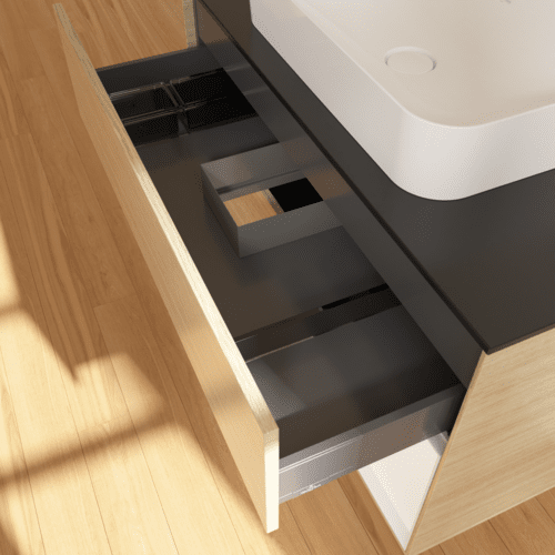 VILLEROY BOCH Toaletní skříňka Finion, s osvětlením, 2 výsuvy, 1000 x 603 x 501 mm, dubová dýha / bílý matný lak / sklo černé matné #F662MTPC, obrázek 4