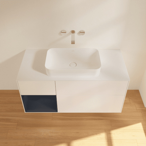 VILLEROY BOCH Toaletní skříňka Finion, s osvětlením, 3 výsuvy, 1200 x 603 x 501 mm, bílý matný lak / půlnoční modrý matný lak / bílé matné sklo #F701HGMT, obrázek 3