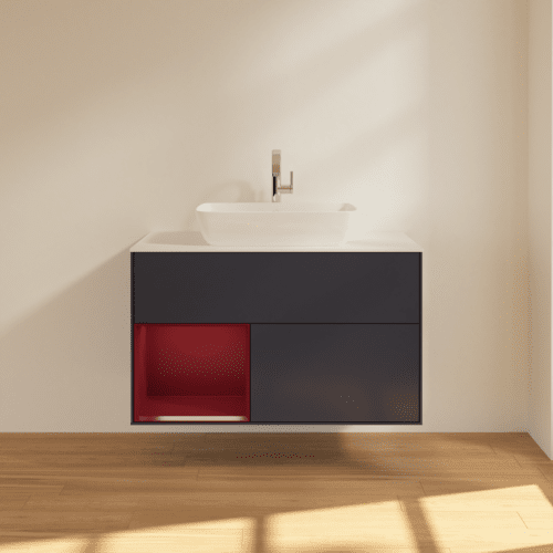 VILLEROY BOCH Toaletní skříňka Finion, s osvětlením, 2 výsuvy, 1000 x 603 x 501 mm, Midnight Blue Matt Lacquer / Peony Matt Lacquer / Glass White Matt #F771HBHG, obrázek 3