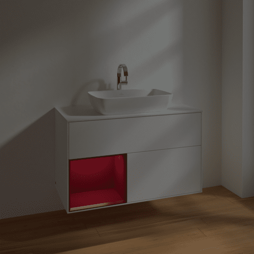 VILLEROY BOCH Toaletní skříňka Finion, s osvětlením, 2 výsuvy, 1000 x 603 x 501 mm, bílý matný lak / pivoňkový matný lak / bílé matné sklo #F771HBMT, obrázek 5
