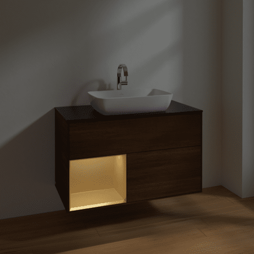 VILLEROY BOCH Toaletní skříňka Finion, s osvětlením, 2 výsuvy, 1000 x 603 x 501 mm, ořechová dýha / zlatý matný lak / černé matné sklo #F772HFGN, obrázek 5