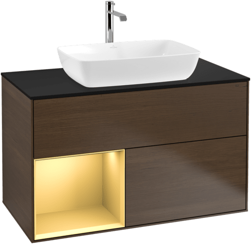 VILLEROY BOCH Toaletní skříňka Finion, s osvětlením, 2 výsuvy, 1000 x 603 x 501 mm, ořechová dýha / zlatý matný lak / černé matné sklo #F772HFGN