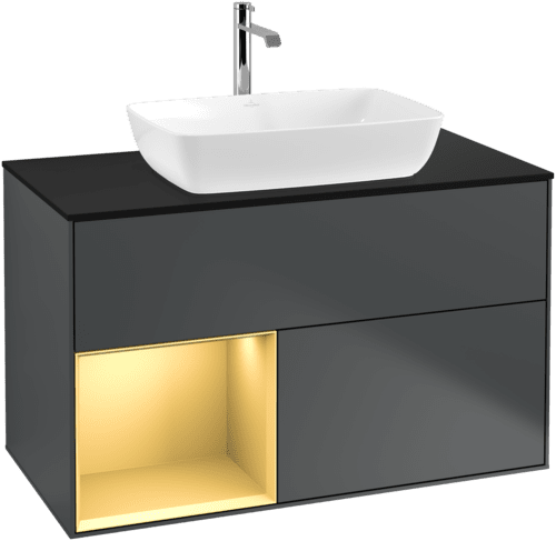 VILLEROY BOCH Toaletní skříňka Finion, s osvětlením, 2 výsuvy, 1000 x 603 x 501 mm, Midnight Blue Matt Lacquer / Gold Matt Lacquer / Glass Black Matt #F772HFHG, obrázek 1