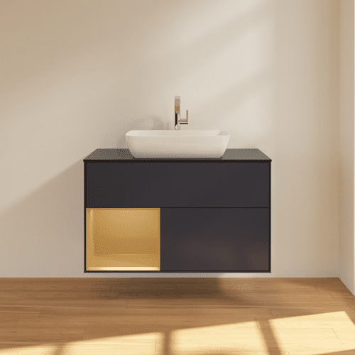 VILLEROY BOCH Toaletní skříňka Finion, s osvětlením, 2 výsuvy, 1000 x 603 x 501 mm, Midnight Blue Matt Lacquer / Gold Matt Lacquer / Glass Black Matt #F772HFHG, obrázek 3