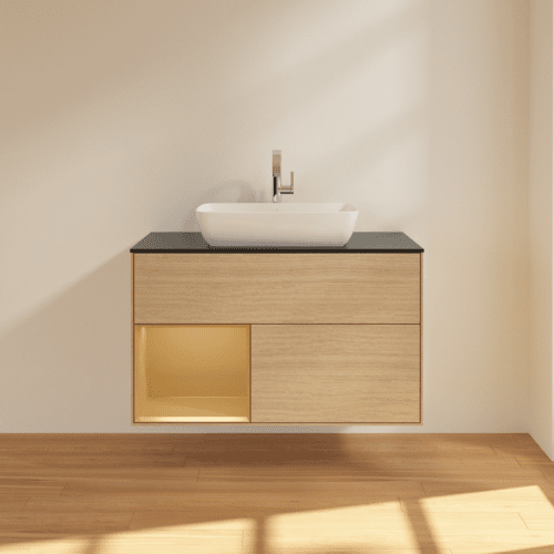 VILLEROY BOCH Toaletní skříňka Finion, s osvětlením, 2 výsuvy, 1000 x 603 x 501 mm, dubová dýha / zlatý matný lak / černé matné sklo #F772HFPC, obrázek 3