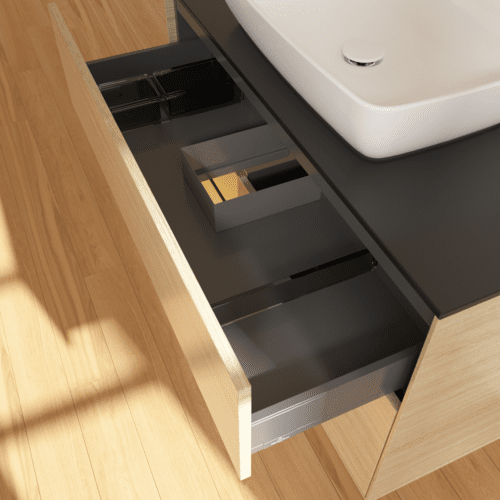 VILLEROY BOCH Toaletní skříňka Finion, s osvětlením, 2 výsuvy, 1000 x 603 x 501 mm, dubová dýha / zlatý matný lak / černé matné sklo #F772HFPC, obrázek 8