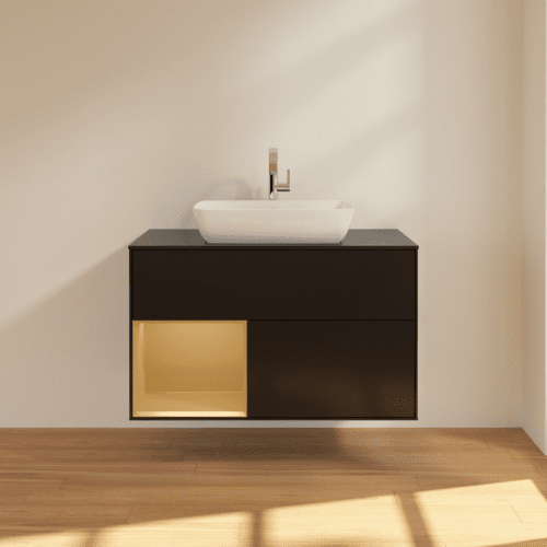 VILLEROY BOCH Toaletní skříňka Finion, s osvětlením, 2 výsuvy, 1000 x 603 x 501 mm, černý matný lak / zlatý matný lak / černé matné sklo #F772HFPD, obrázek 3