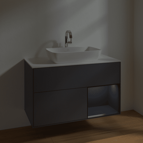 VILLEROY BOCH Toaletní skříňka Finion, s osvětlením, 2 výsuvy, 1000 x 603 x 501 mm, antracitový matný lak / půlnoční modrý matný lak / bílé matné sklo #F781HGGK, obrázek 5