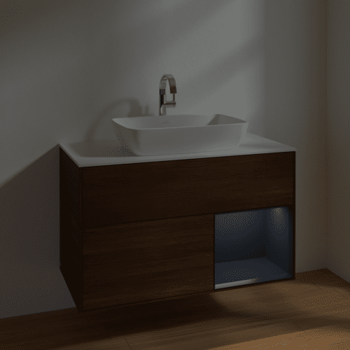 VILLEROY BOCH Toaletní skříňka Finion, s osvětlením, 2 výsuvy, 1000 x 603 x 501 mm, ořechová dýha / půlnočně modrý matný lak / sklo bílé matné #F781HGGN, obrázek 5