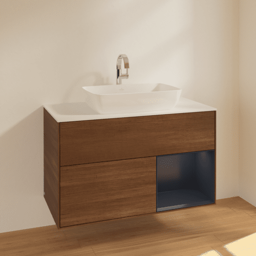 VILLEROY BOCH Toaletní skříňka Finion, s osvětlením, 2 výsuvy, 1000 x 603 x 501 mm, ořechová dýha / půlnočně modrý matný lak / sklo bílé matné #F781HGGN, obrázek 2