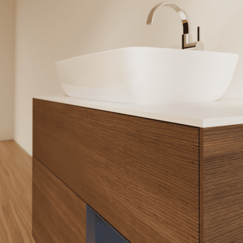 VILLEROY BOCH Toaletní skříňka Finion, s osvětlením, 2 výsuvy, 1000 x 603 x 501 mm, ořechová dýha / půlnočně modrý matný lak / sklo bílé matné #F781HGGN, obrázek 6