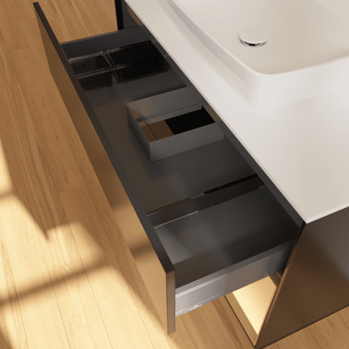 VILLEROY BOCH Toaletní skříňka Finion, s osvětlením, 2 výsuvy, 1000 x 603 x 501 mm, černý matný lak / zlatý matný lak / bílé matné sklo #F781HFPD, obrázek 8