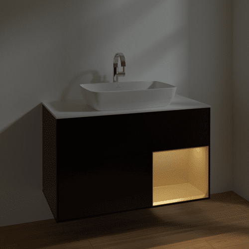 VILLEROY BOCH Toaletní skříňka Finion, s osvětlením, 2 výsuvy, 1000 x 603 x 501 mm, černý matný lak / zlatý matný lak / bílé matné sklo #F781HFPD, obrázek 5