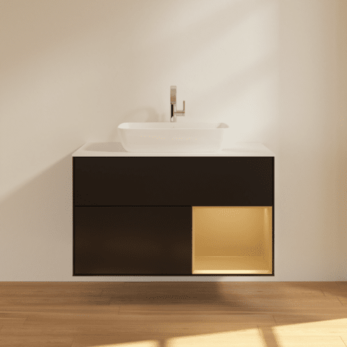 VILLEROY BOCH Toaletní skříňka Finion, s osvětlením, 2 výsuvy, 1000 x 603 x 501 mm, černý matný lak / zlatý matný lak / bílé matné sklo #F781HFPD, obrázek 3