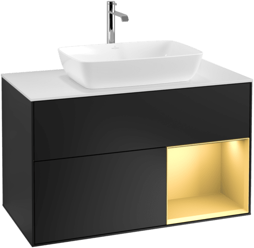 VILLEROY BOCH Toaletní skříňka Finion, s osvětlením, 2 výsuvy, 1000 x 603 x 501 mm, černý matný lak / zlatý matný lak / bílé matné sklo #F781HFPD