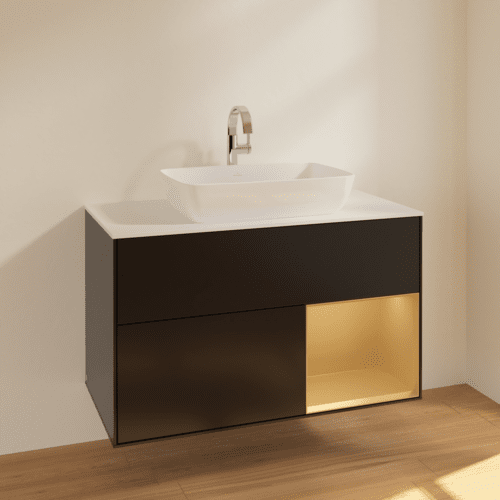 VILLEROY BOCH Toaletní skříňka Finion, s osvětlením, 2 výsuvy, 1000 x 603 x 501 mm, černý matný lak / zlatý matný lak / bílé matné sklo #F781HFPD, obrázek 2