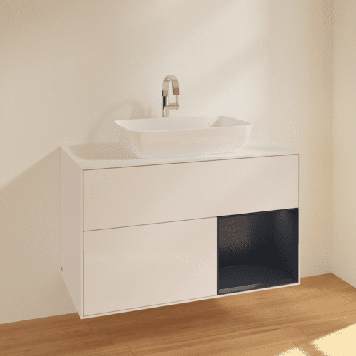 VILLEROY BOCH Toaletní skříňka Finion, s osvětlením, 2 výsuvy, 1000 x 603 x 501 mm, lesklý bílý lak / půlnoční modrý matný lak / bílé matné sklo #F781HGGF, obrázek 2