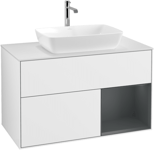 VILLEROY BOCH Toaletní skříňka Finion, s osvětlením, 2 výsuvy, 1000 x 603 x 501 mm, lesklý bílý lak / půlnoční modrý matný lak / bílé matné sklo #F781HGGF, obrázek 1