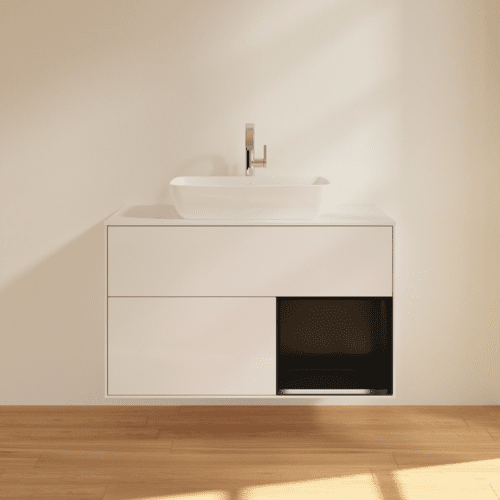 VILLEROY BOCH Umyvadlová skříňka Finion, s osvětlením, 2 výsuvy, 1000 x 603 x 501 mm, lesklý bílý lak / černý matný lak / bílé matné sklo #F781PDGF, obrázek 3