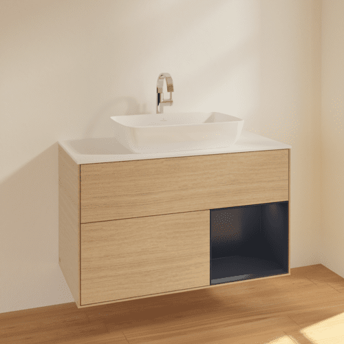 VILLEROY BOCH Toaletní skříňka Finion, s osvětlením, 2 výsuvy, 1000 x 603 x 501 mm, dubová dýha / půlnočně modrý matný lak / bílé matné sklo #F781HGPC, obrázek 2