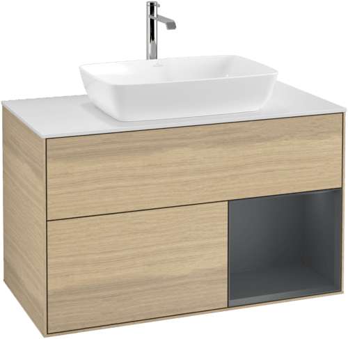 VILLEROY BOCH Toaletní skříňka Finion, s osvětlením, 2 výsuvy, 1000 x 603 x 501 mm, dubová dýha / půlnočně modrý matný lak / bílé matné sklo #F781HGPC