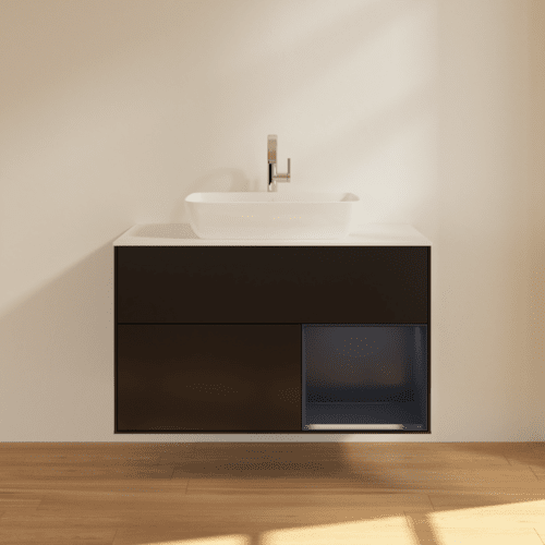 VILLEROY BOCH Toaletní skříňka Finion, s osvětlením, 2 výsuvy, 1000 x 603 x 501 mm, černý matný lak / půlnoční modrý matný lak / bílé matné sklo #F781HGPD, obrázek 3
