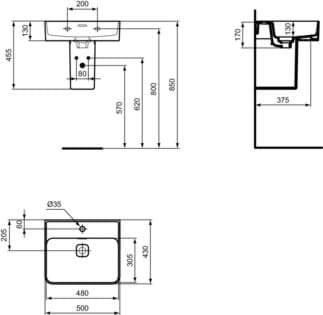 IDEAL STANDARD Umyvadlo Strada II 500x430 mm, s 1 otvorem pro baterii, s otvorem pro přepad (štěrbinové) #T292801 - Bílá (Alpine), obrázek 3
